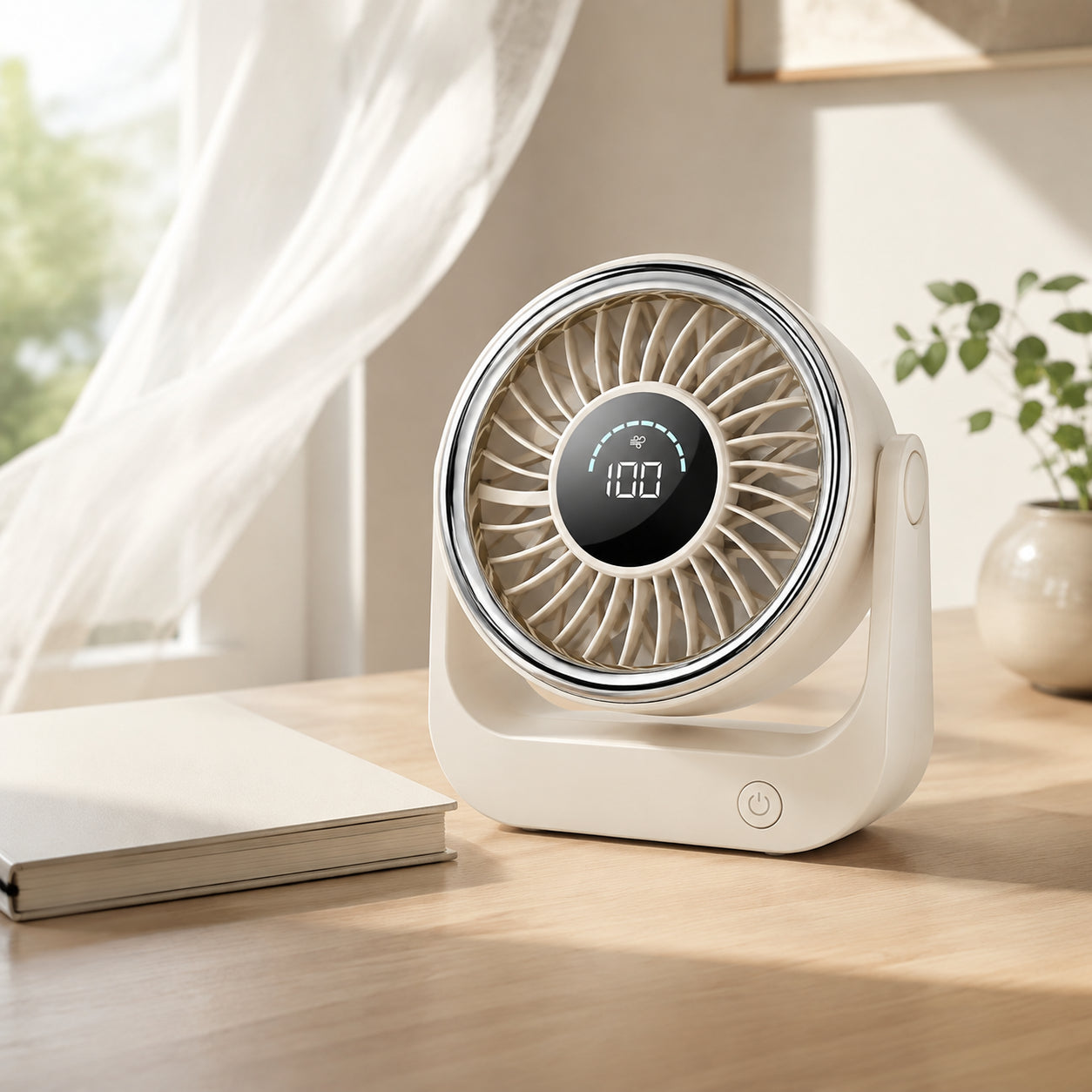 COOLIVA digital desk fan in a bright workspace