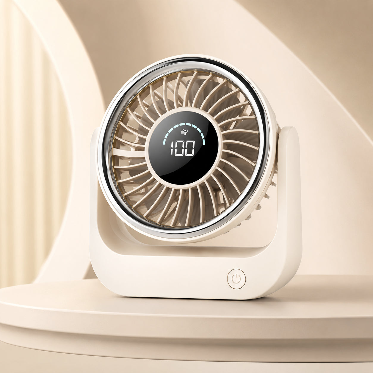COOLIVA cream digital desk fan with LED display on a warm-toned pedestal